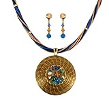 VERA NAVARRO - Conjunto Collar Dorado Mandala 45 mm en Oro Vegetal con Piedras, Cristales Swarovski y Pendientes - Hecho a Mano 100% (Variante Azul)