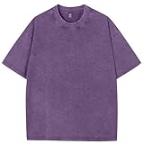 Camiseta Vintage de Verano de Algodón para Hombres Grande tee Casual de Manga Corta Neutra Camiseta Lavada con Ácido(L,E-Morado)