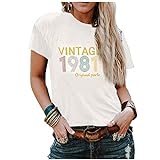 Invvloo Vintage 1981 Camiseta Tops para mujer Piezas originales Impresión de letras Camiseta de manga corta Retro Causal Tops, blanco, M