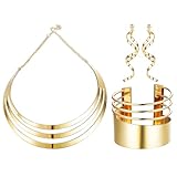 LOLIAS 3 Piezas Conjunto Collar Gargantilla Babero Dorado para Mujer Pulseras Brazalete Puño Ancho Pendientes Colgantes Declaración Banda Brazo Superior Brazalete Muñeca Joyería Festival