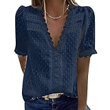 FMYONF Camisa de encaje para mujer, cuello en V, elegante, vintage, gasa, monocolor, manga corta, túnica, azul marino., M