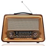 Wholede Radio FM Vintage Cocina - Retro Portátil Sintonizador Am SM Bluetooth 5.0 Altavoz con Tarjeta TF Disco USB para Cocina Oficina Casa, Funciona con 18650 Pilas Intercambiables (Marrón)