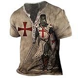 EVOHOUSE Camisetas con Estampado 3D de Caballero Templario para Hombre, Camiseta Henley desgastada de Manga Corta Vintage, Camiseta Deportiva Retro para Exteriores