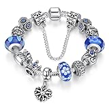 A TE® Charm Pulsera Abalorio Murano Cristal Vidrio Perlas con Cadena de Seguridad Chapado Blanco Oro #JW-B110 (Azul)