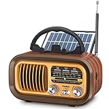 PRUNUS J-150 Radio Vintage Retro FM/Am/SW, Radio Portatil Pequeña Recargable de 1200mAh, o Funciona con 2 Pilas D, con Panel Solar, Transistores Radio con Bluetooth, Reproductor USB/TF de 5W.